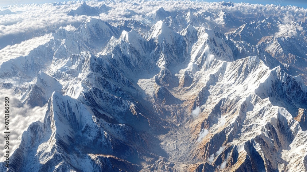 Fototapeta premium A breathtaking aerial view of snow-capped mountains. The peaks rise dramatically towards the sky, with clouds swirling below.