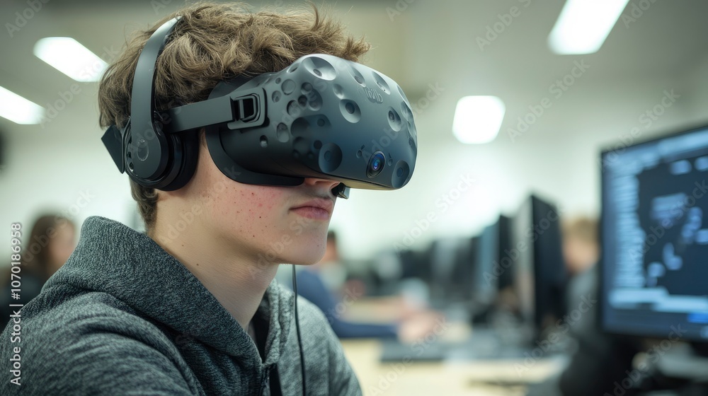 Young man in VR headset, enjoying the immersive experience. Young man in VR headset, enjoying the immersive experience.