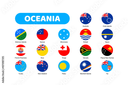 Flags of Oceania. Flat element design. White isolated background