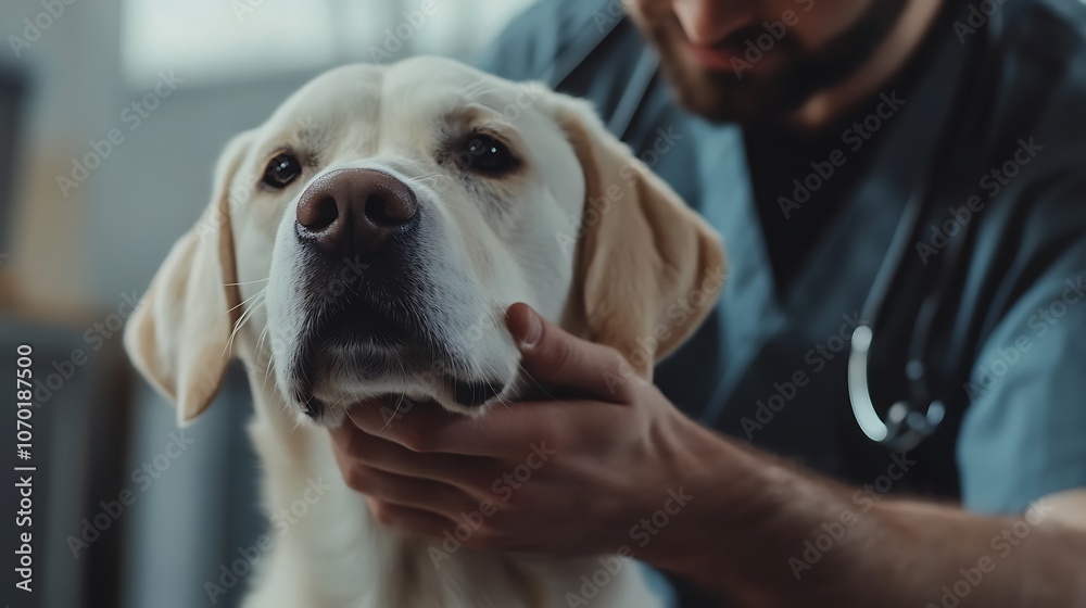 Close-up of a veterinarian examining a white labrador dog. Close-up of a veterinarian examining a white labrador dog.