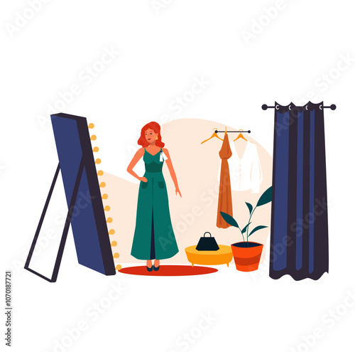 Vector illustration of a fitting room. A woman tries on a dress, and another helps with the selection of clothes in a fashion store. fitting room with mirror, hanger with clothes. vector se