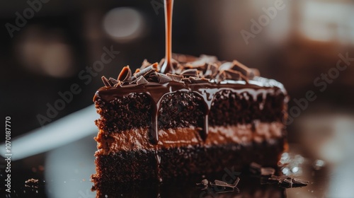A decadent piece of chocolate cake is drizzled with warm chocolate sauce and topped with grated chocolate. The dessert is presented on a rustic wooden table.