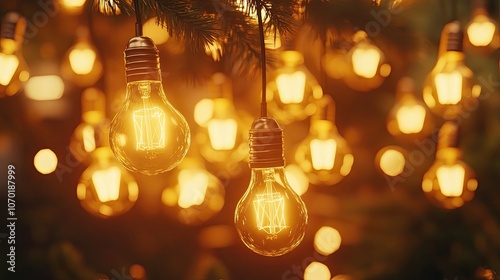 Warm, glowing light bulbs hang from a tree branch, creating a cozy and inviting atmosphere.