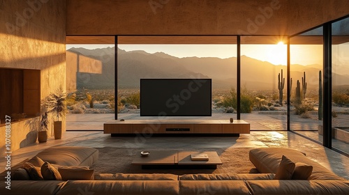 Fototapeta Naklejka Na Ścianę i Meble -  minimal modern living room with large flat screen tv, warm tones, neutral color palette, interior design magazine aesthetic, soft lighting, generative ai