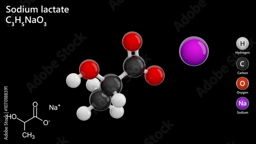 Molecule: Sodium Lactate. E325. Molecular structure. Formula: C3H5NaO3. Chemical model: Ball and stick. Black background. 3D illustration.