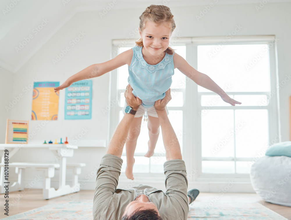 Father, girl and portrait in home for airplane, development and play games with flying plane. Dad, daughter and face in lounge for happy family, support and love on weekend with relax, care or trust Father, girl and portrait in home for airplane, development and play games with flying plane. Dad, daughter and face in lounge for happy family, support and love on weekend with relax, care or trust