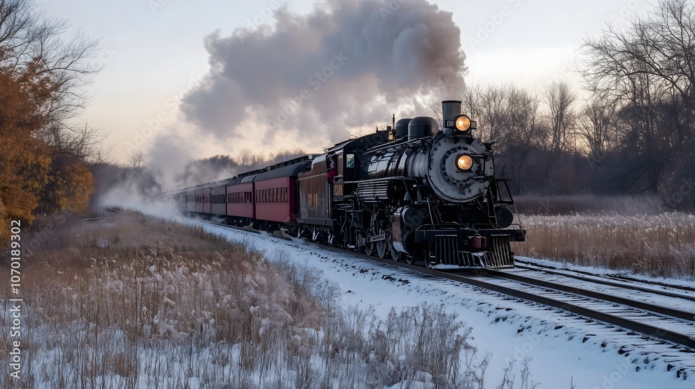 Obraz premium Vintage steam locomotive pulling passenger cars through snowy winter landscape at sunrise with billowing smoke, copy space