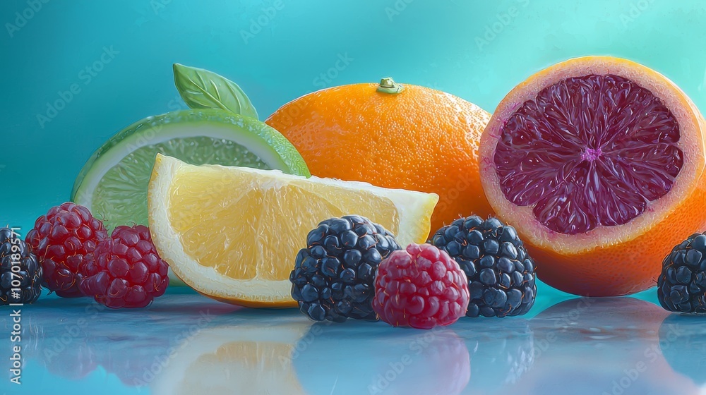 Assorted berries and citrus slices, layered on a turquoise background for a fresh and fruity look. Assorted berries and citrus slices, layered on a turquoise background for a fresh and fruity look.
