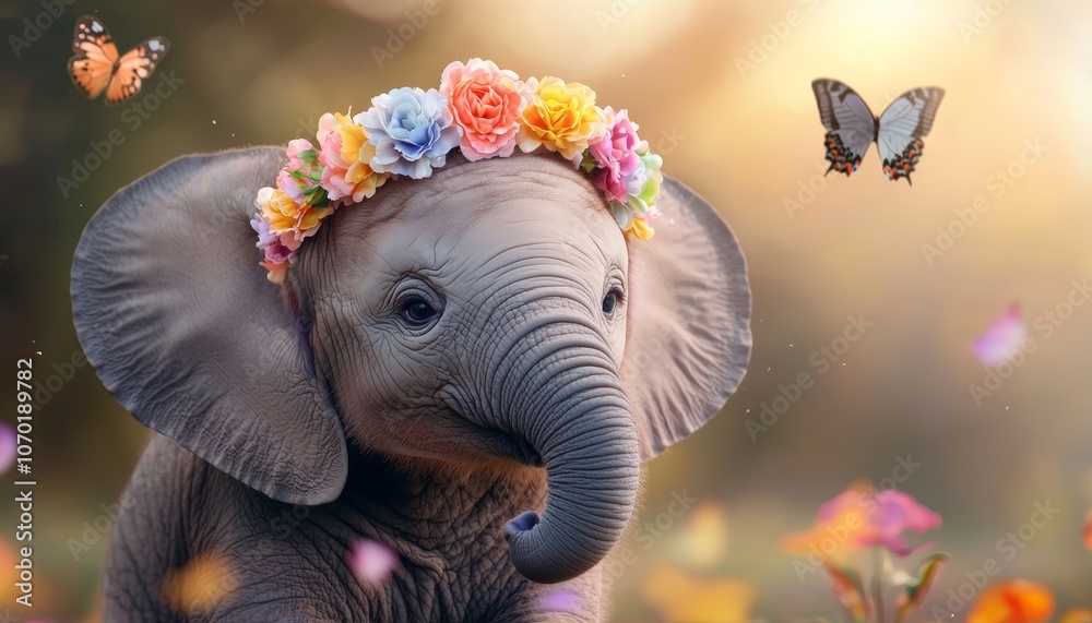 Obraz premium Baby elephant with a rainbow-colored flower crown, sitting among brightly colored flowers and butterflies.