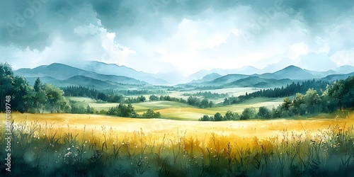 Minimalistic watercolor summer landscape with a cloudy sky, plains, and distant mountains. A serene and peaceful design, perfect for nature-inspired decor.