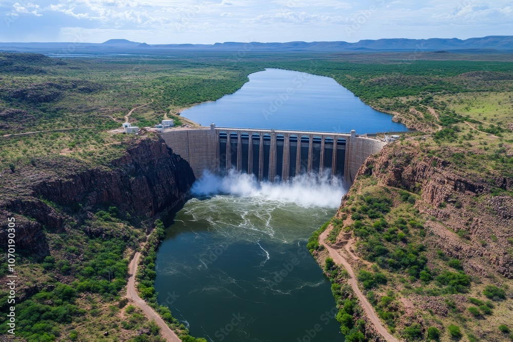 Aerial view of a hydro dam surrounded by lush greenery and a serene blue lake, showcasing nature's harmony.