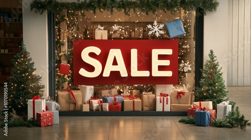 Window display of a shop with Christmas decorations, glowing "Sale" text on glass, warm lights inside showcasing gifts, Photorealistic