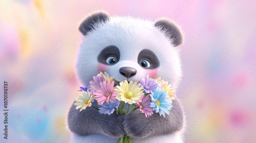 Fototapeta premium Cartoon panda holding a bunch of bright, colorful daisies and lilies, with a soft pastel background.