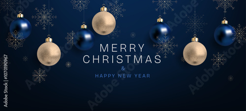 Merry Christmas and Happy New Year banner with glowing gold and blue spheres, snowflakes, elegant ornaments, set against a wintery background. Perfect for holiday greetings. Not AI.