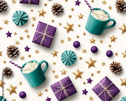 Christmas pattern with dark purple gift boxes, teal mugs, and gold stars on an off-white background. photo