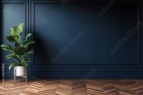 A potted plant sits in front of a dark blue wall in an empty room