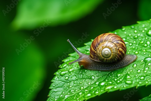 Close-up of a snail on a wet green leaf.