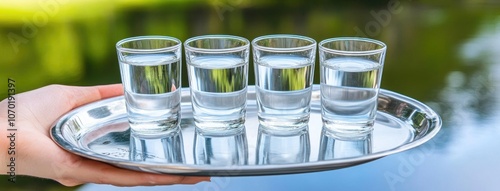 A hostess serves refreshing glasses of water at a beautiful outdoor wedding on a sunny day, adding elegance to the celebration photo