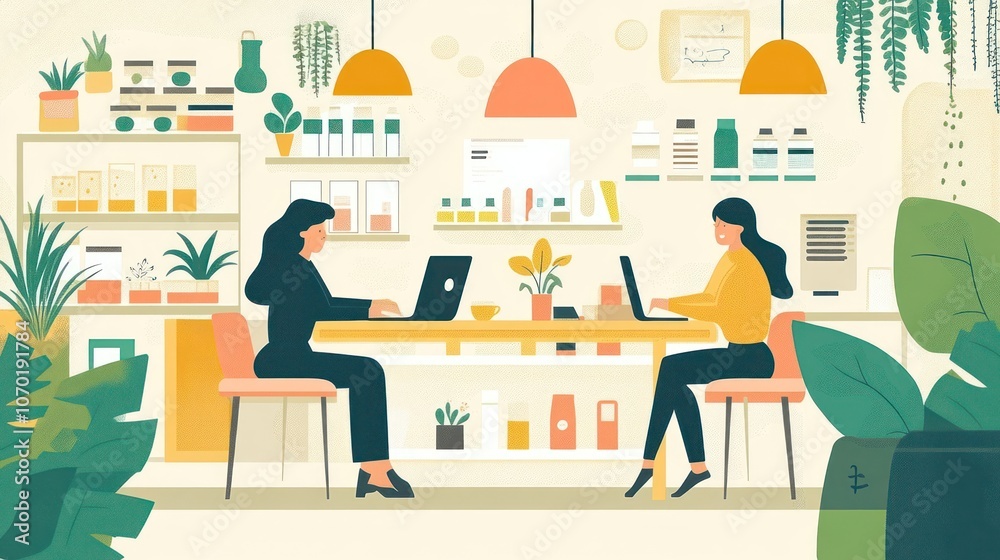 Two Women Working at a Table in a Shop with Plants and Products Two Women Working at a Table in a Shop with Plants and Products