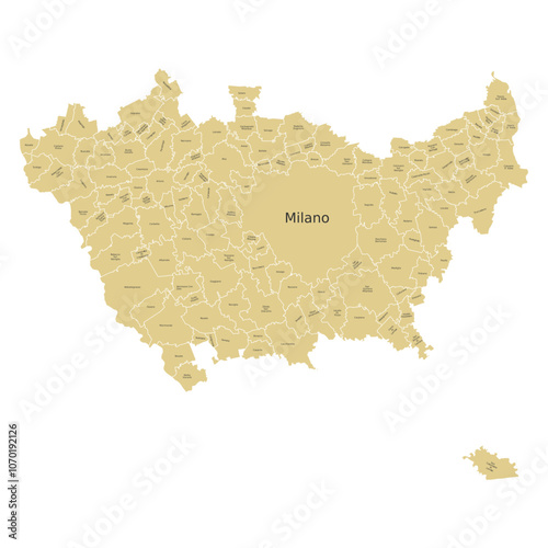 Vector image of the province of Milan with separate municipalities and editable labels