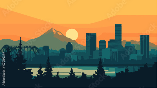 Mountains and City- Portland's Evening View