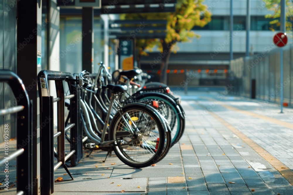 Bicycles parked on the sidewalk in the city are waiting for their owners Bicycles parked on the sidewalk in the city are waiting for their owners