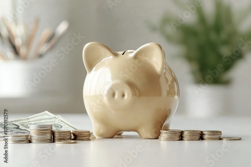 Saving money in a piggy bank with coins and bills photo