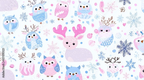 Festive Nordic pattern in pastel colors with stylized moose, owls, and snowflakes.