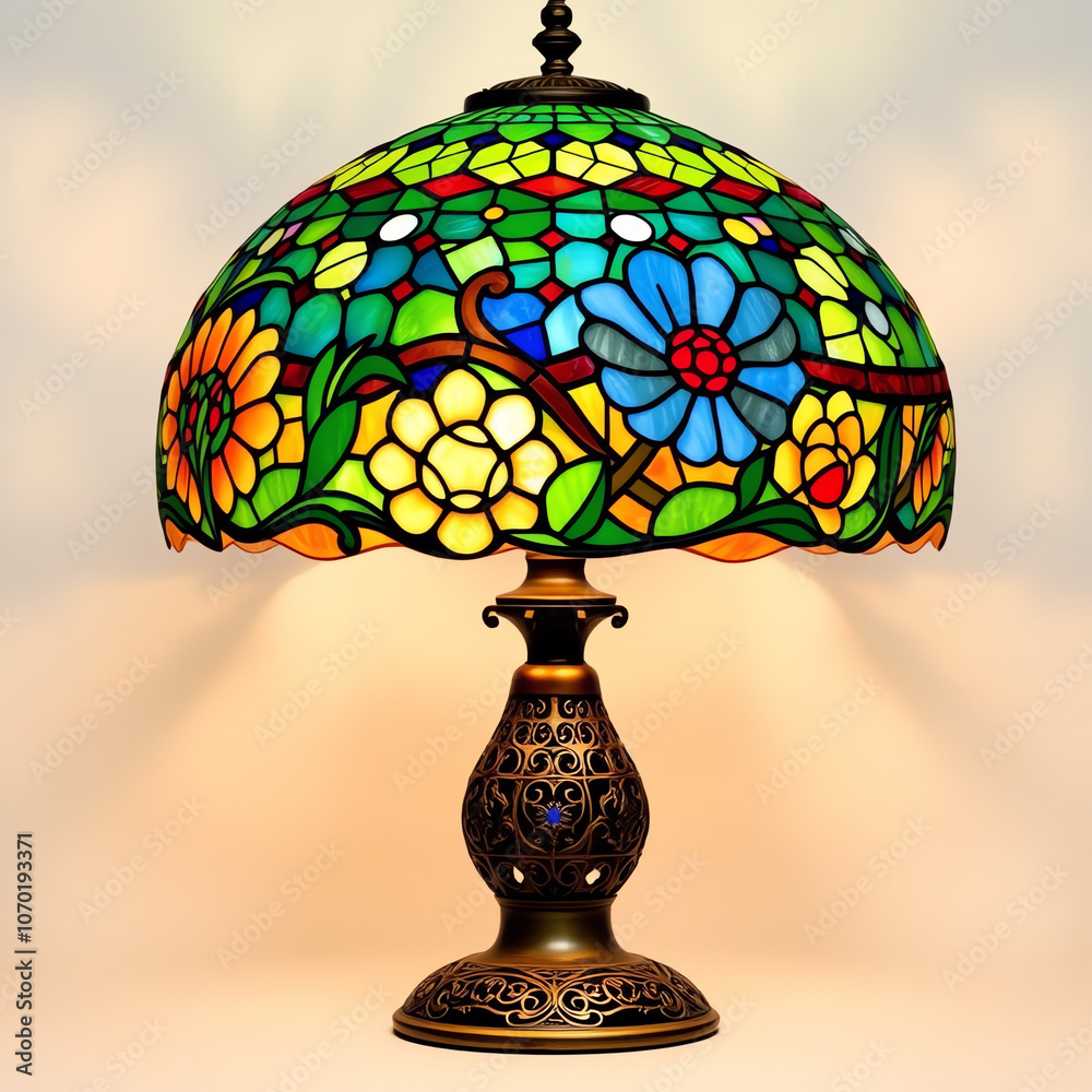 Vibrant stained glass table lamp showcasing intricate floral designs and warm illumination in soft ambient light Vibrant stained glass table lamp showcasing intricate floral designs and warm illumination in soft ambient light