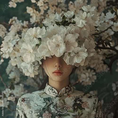 Ethereal and Enchanting Floral Portrait Depicting a Whimsical Feminine Figure Surrounded by Blooming Springtime Flowers in a Serene Natural Garden Setting