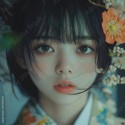 Alluring young Asian woman with elegant makeup and hairstyle surrounded by vibrant spring flowers and blossoming plants in a serene outdoor garden environment