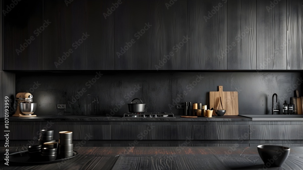 Minimalist Black Wooden Kitchen with Stylish Appliances and Home Decor Mockup 3D Render Minimalist Black Wooden Kitchen with Stylish Appliances and Home Decor Mockup 3D Render