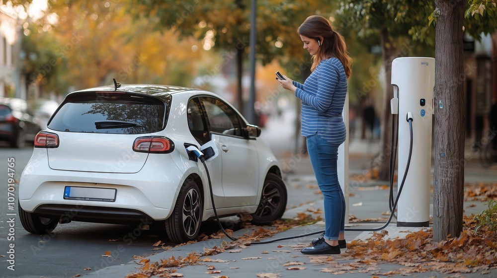 Fototapeta premium Woman charging electric car and using smartphone in autumn city street