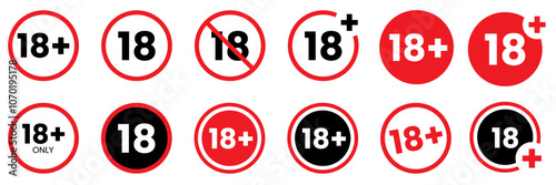 18+ Plus icon. under 18 years old age limit circle sign symbol set