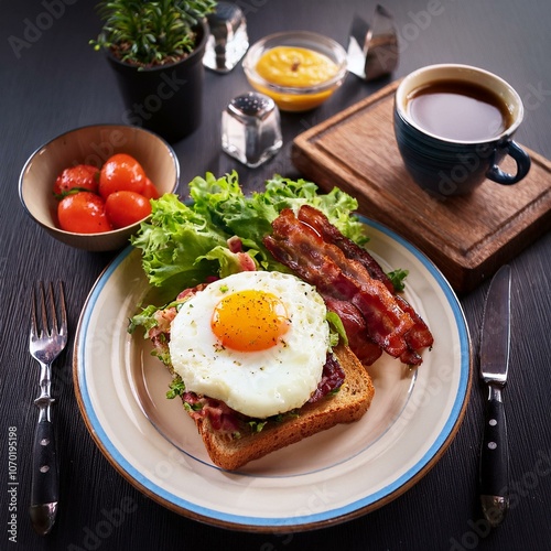 Fried egg with bacon on a sandwich, salad and coffee. English lunch in restaurant