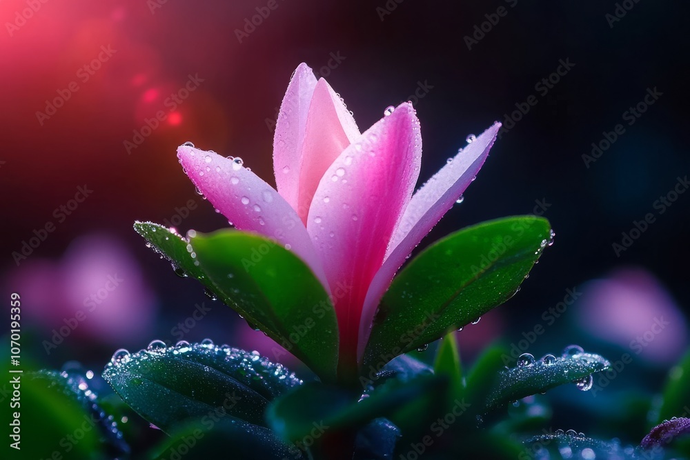Fototapeta premium Beautiful pink flower surrounded by dew mesmerizing nature close up