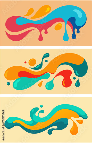 Set of three abstract banners with colored liquid flows.