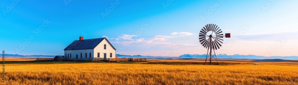 Obraz premium Dynamic windmill spins gracefully beside a rustic farmhouse in a golden field under a bright blue sky.