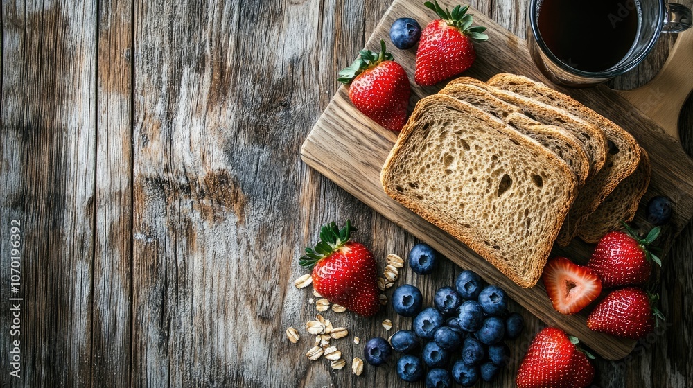 White bread and sourdough rye bread arranged alongside strawberries, blueberries, and ice coffee create a rustic scene on a wooden background with ample copy space. White bread and sourdough rye bread arranged alongside strawberries, blueberries, and ice coffee create a rustic scene on a wooden background with ample copy space.