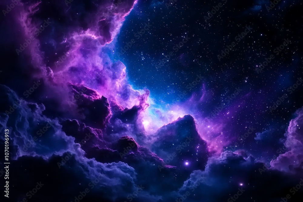 Obraz premium Deep space view of colorful nebula with swirling clouds and bright stars