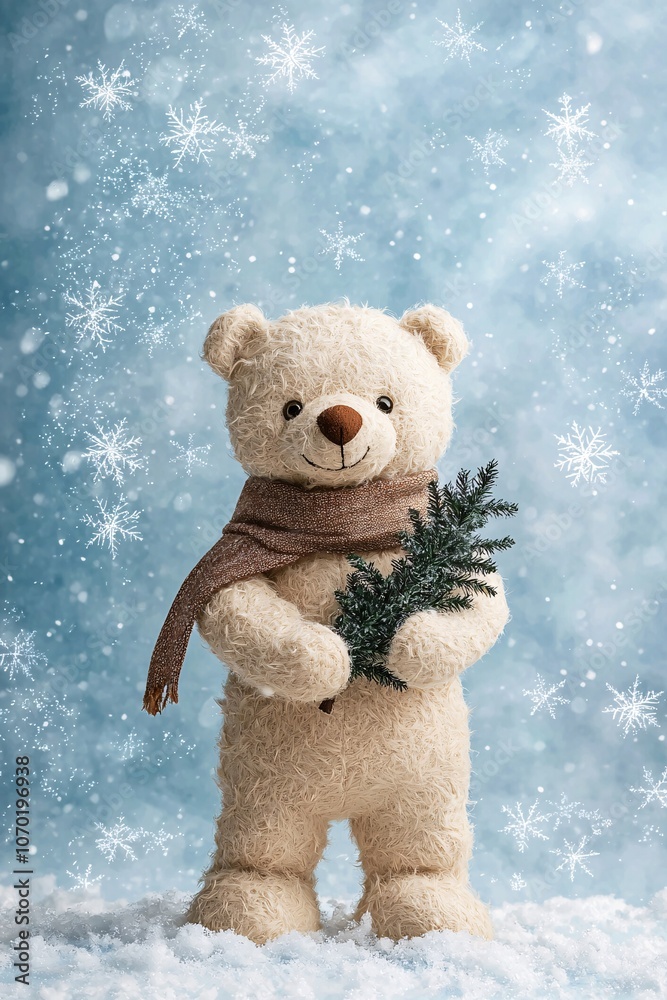 Adorable teddy bear with a scarf, holding a small Christmas tree. Adorable teddy bear with a scarf, holding a small Christmas tree.