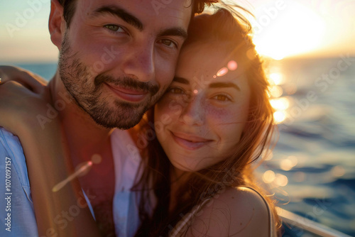 AI generated photo of beautiful married couple celebrate romantic vacation together on cruise trip