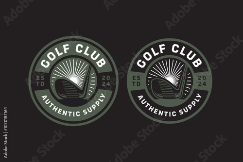 wedge golf club on golf course retro badge logo design set for golfer, golf club, professional team, sport and tournament. iron golf stick on the grass object emblem illustration logo