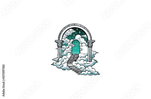Gates and stairs above cloud logo design vector