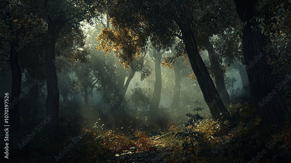 Fototapeta premium Dense forest with tall autumn trees, sunlight filtering through leaves, creating serene and mystical atmosphere. scene evokes sense of tranquility and connection to nature