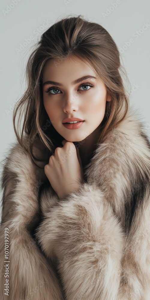 A woman wearing a fur coat with a necklace and a hand on her hip. She has a beautiful smile on her face