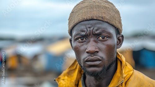 Portrait of intense man with camp in background