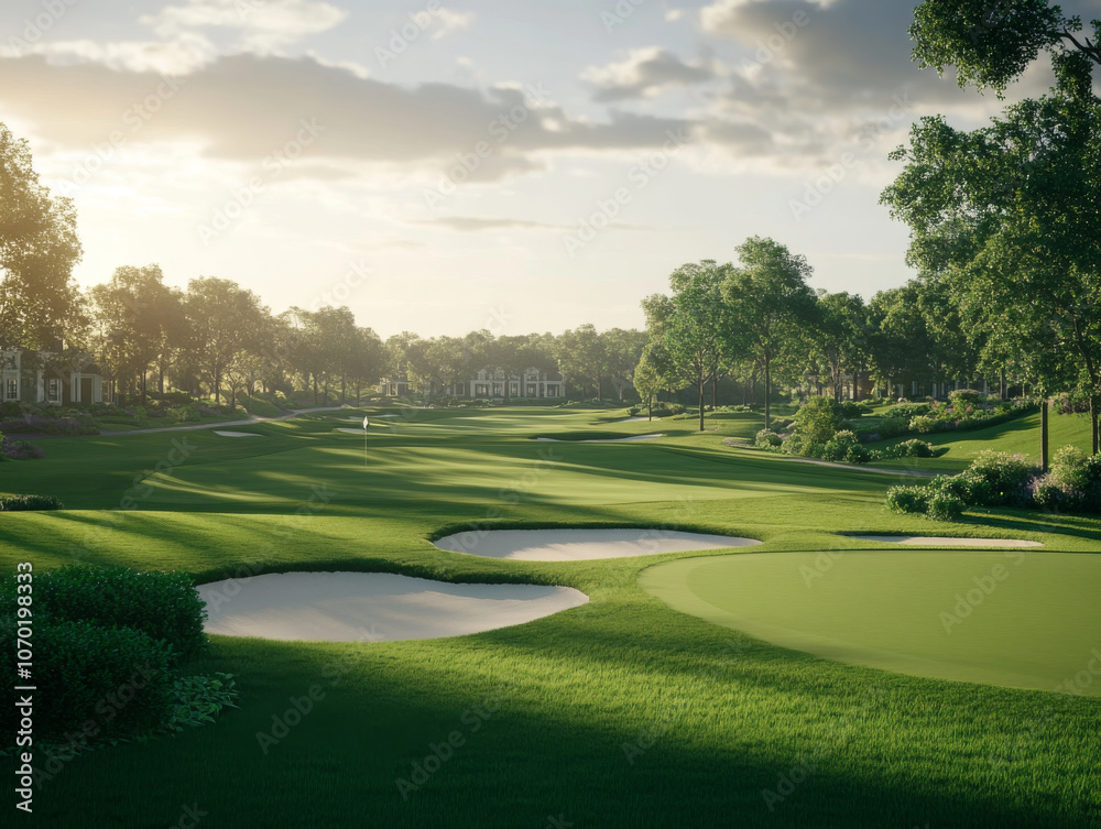 serene sunset casts warm glow over pristine golf course, highlighting lush green fairways and sand bunkers surrounded by trees. serene sunset casts warm glow over pristine golf course, highlighting lush green fairways and sand bunkers surrounded by trees.
