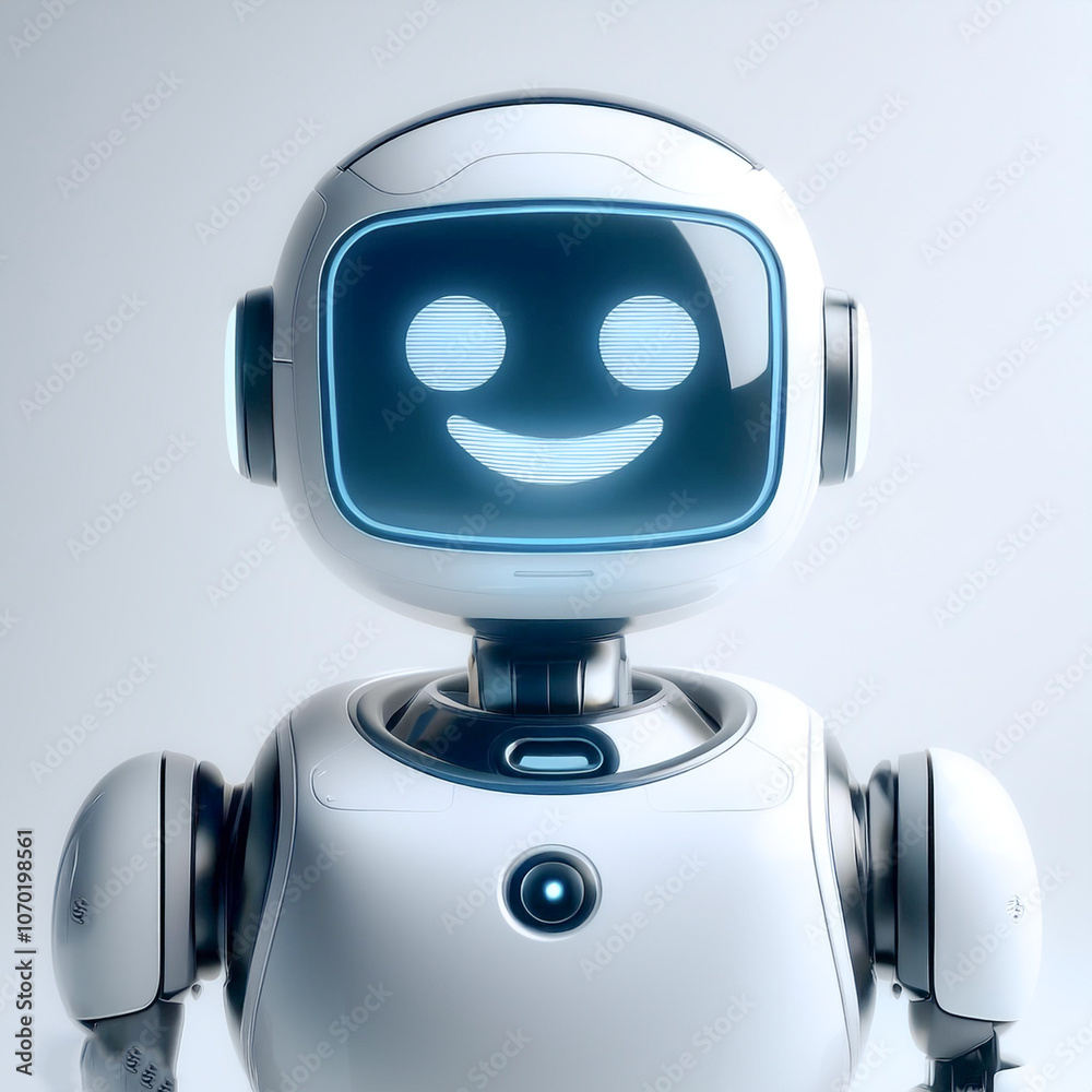 AI robot with a minimalist face screen displaying a smiling emoticon AI robot with a minimalist face screen displaying a smiling emoticon