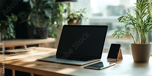 Workspace with Laptop and Smartphone on Desk on Transparent Background